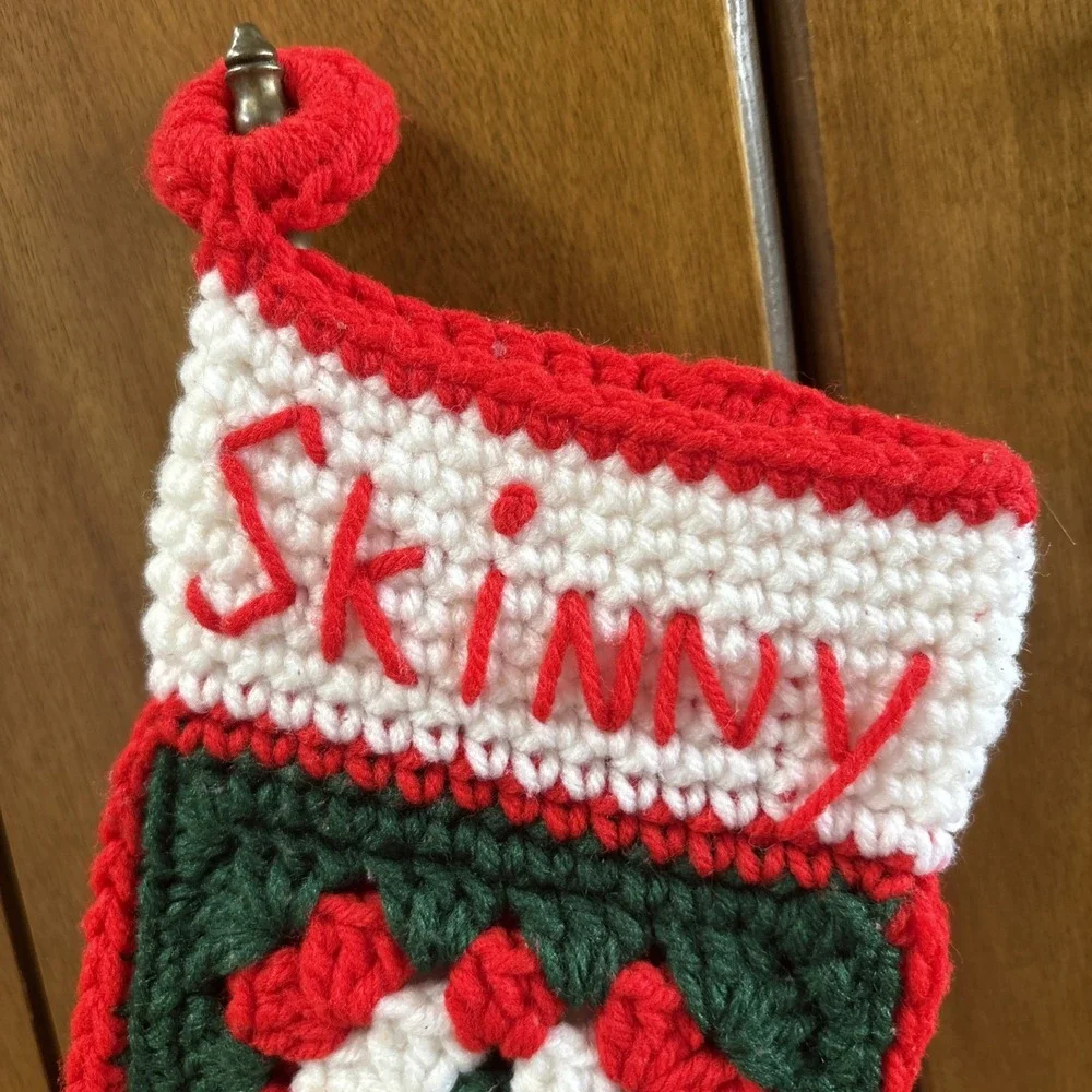 Vintage Hand Crocheted Chunky Knit Granny Squares Christmas Stocking SKINNY